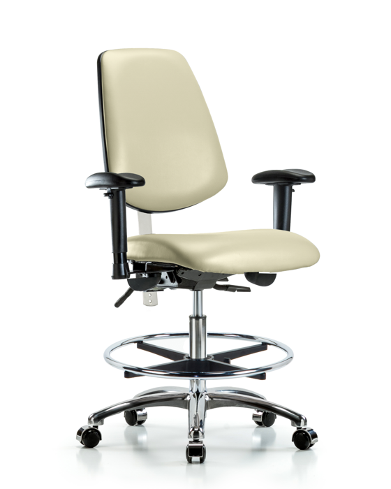 Blue Ridge Ergonomics NCR-VMBCH-MB-CR-T0-A1-CF-CC-8501 Class 100 Vinyl Clean Room Chair - Medium Bench Height with Medium Back, Adjustable Arms, Chrome Foot Ring, & Casters in Adobe White Trailblazer™ Vinyl