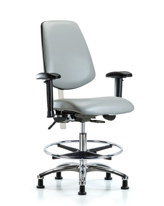Blue Ridge Ergonomics NCR-VMBCH-MB-CR-T0-A1-CF-RG-8567 Class 100 Vinyl Clean Room Chair - Medium Bench Height with Medium Back, Adjustable Arms, Chrome Foot Ring, & Stationary Glides in Dove Trailblazer™ Vinyl