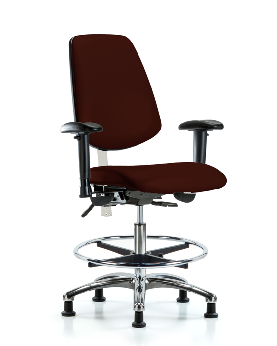 Blue Ridge Ergonomics NCR-VMBCH-MB-CR-T0-A1-CF-RG-8569 Class 100 Vinyl Clean Room Chair - Medium Bench Height with Medium Back, Adjustable Arms, Chrome Foot Ring, & Stationary Glides in Burgundy Trailblazer™ Vinyl