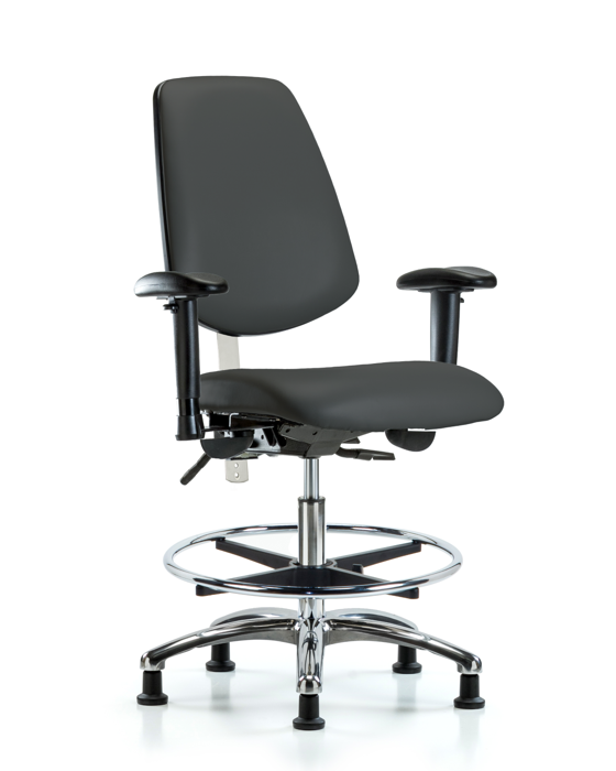 Blue Ridge Ergonomics NCR-VMBCH-MB-CR-T0-A1-CF-RG-8605 Class 100 Vinyl Clean Room Chair - Medium Bench Height with Medium Back, Adjustable Arms, Chrome Foot Ring, & Stationary Glides in Charcoal Trailblazer™ Vinyl