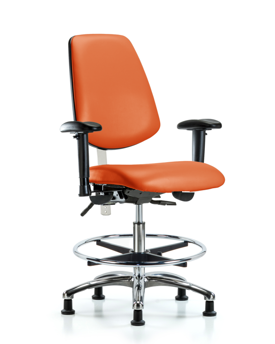 Blue Ridge Ergonomics NCR-VMBCH-MB-CR-T0-A1-CF-RG-8613 Class 100 Vinyl Clean Room Chair - Medium Bench Height with Medium Back, Adjustable Arms, Chrome Foot Ring, & Stationary Glides in Orange Kist Trailblazer™ Vinyl