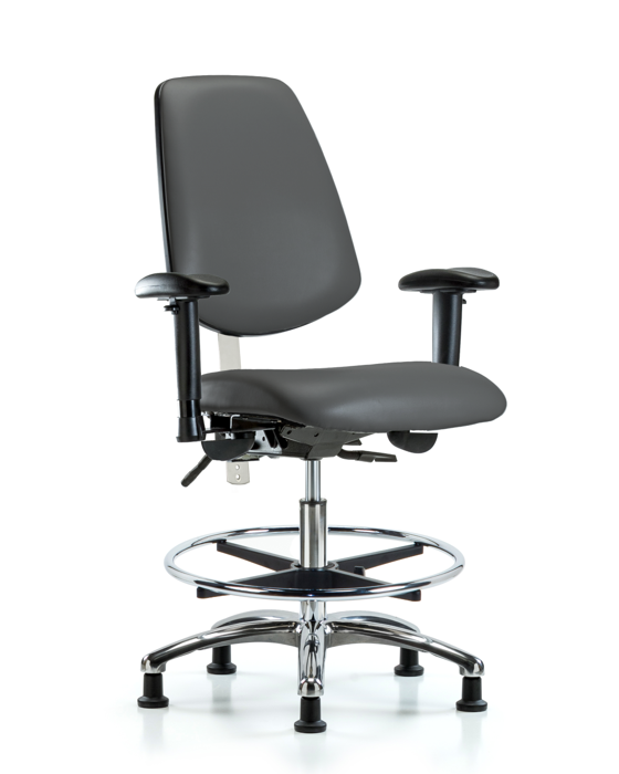 Blue Ridge Ergonomics NCR-VMBCH-MB-CR-T0-A1-CF-RG-8823 Class 100 Vinyl Clean Room Chair - Medium Bench Height with Medium Back, Adjustable Arms, Chrome Foot Ring, & Stationary Glides in Carbon Supernova™ Vinyl