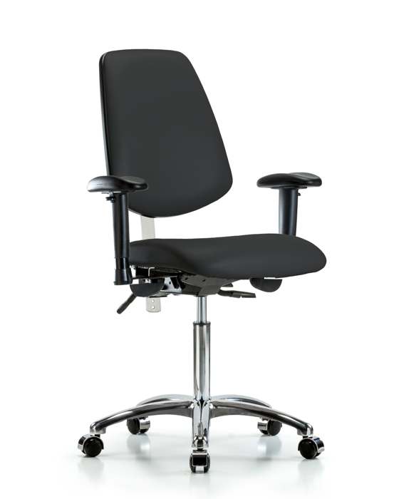 Blue Ridge Ergonomics NCR-VMBCH-MB-CR-T0-A1-NF-CC-8540 Class 100 Vinyl Clean Room Chair - Medium Bench Height with Medium Back, Adjustable Arms, & Casters in Black Trailblazer™ Vinyl