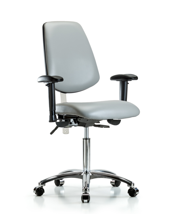 Blue Ridge Ergonomics NCR-VMBCH-MB-CR-T0-A1-NF-CC-8567 Class 100 Vinyl Clean Room Chair - Medium Bench Height with Medium Back, Adjustable Arms, & Casters in Dove Trailblazer™ Vinyl