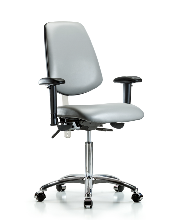 Blue Ridge Ergonomics NCR-VMBCH-MB-CR-T0-A1-NF-CC-8840 Class 100 Vinyl Clean Room Chair - Medium Bench Height with Medium Back, Adjustable Arms, & Casters in Sterling Supernova™ Vinyl