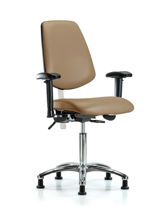 Blue Ridge Ergonomics NCR-VMBCH-MB-CR-T0-A1-NF-RG-8584 Class 100 Vinyl Clean Room Chair - Medium Bench Height with Medium Back, Adjustable Arms, & Stationary Glides in Taupe Trailblazer™ Vinyl