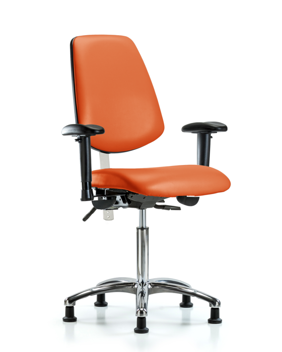 Blue Ridge Ergonomics NCR-VMBCH-MB-CR-T0-A1-NF-RG-8613 Class 100 Vinyl Clean Room Chair - Medium Bench Height with Medium Back, Adjustable Arms, & Stationary Glides in Orange Kist Trailblazer™ Vinyl