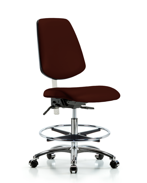 Blue Ridge Ergonomics NCR-VMBCH-MB-CR-T1-A0-CF-CC-8569 Class 100 Vinyl Clean Room Chair - Medium Bench Height with Medium Back, Seat Tilt, Chrome Foot Ring, & Casters in Burgundy Trailblazer™ Vinyl