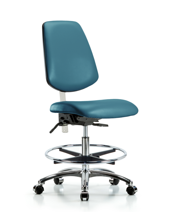 Blue Ridge Ergonomics NCR-VMBCH-MB-CR-T1-A0-CF-CC-8801 Class 100 Vinyl Clean Room Chair - Medium Bench Height with Medium Back, Seat Tilt, Chrome Foot Ring, & Casters in Marine Blue Supernova™ Vinyl