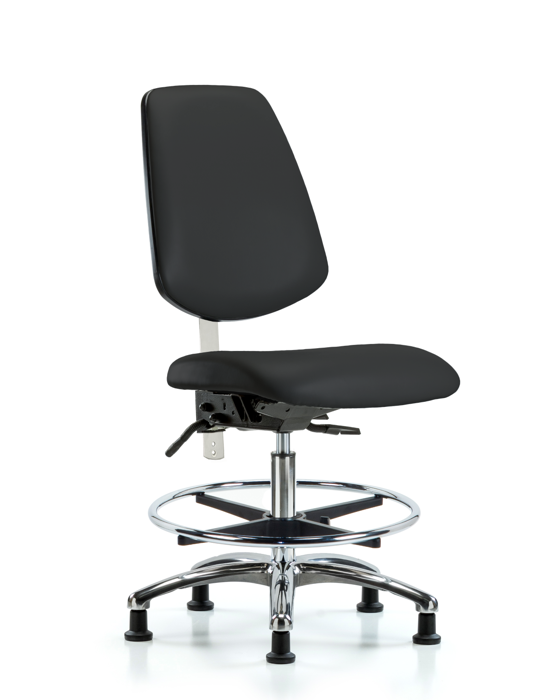 Blue Ridge Ergonomics NCR-VMBCH-MB-CR-T1-A0-CF-RG-8540 Class 100 Vinyl Clean Room Chair - Medium Bench Height with Medium Back, Seat Tilt, Chrome Foot Ring, & Stationary Glides in Black Trailblazer™ Vinyl