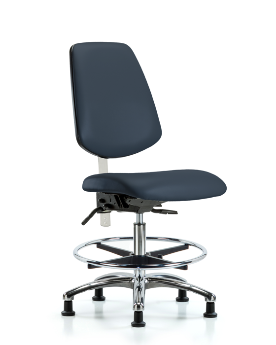 Blue Ridge Ergonomics NCR-VMBCH-MB-CR-T1-A0-CF-RG-8582 Class 100 Vinyl Clean Room Chair - Medium Bench Height with Medium Back, Seat Tilt, Chrome Foot Ring, & Stationary Glides in Imperial Blue Trailblazer™ Vinyl