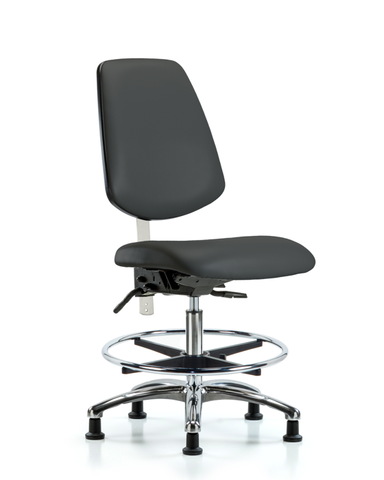 Blue Ridge Ergonomics NCR-VMBCH-MB-CR-T1-A0-CF-RG-8605 Class 100 Vinyl Clean Room Chair - Medium Bench Height with Medium Back, Seat Tilt, Chrome Foot Ring, & Stationary Glides in Charcoal Trailblazer™ Vinyl