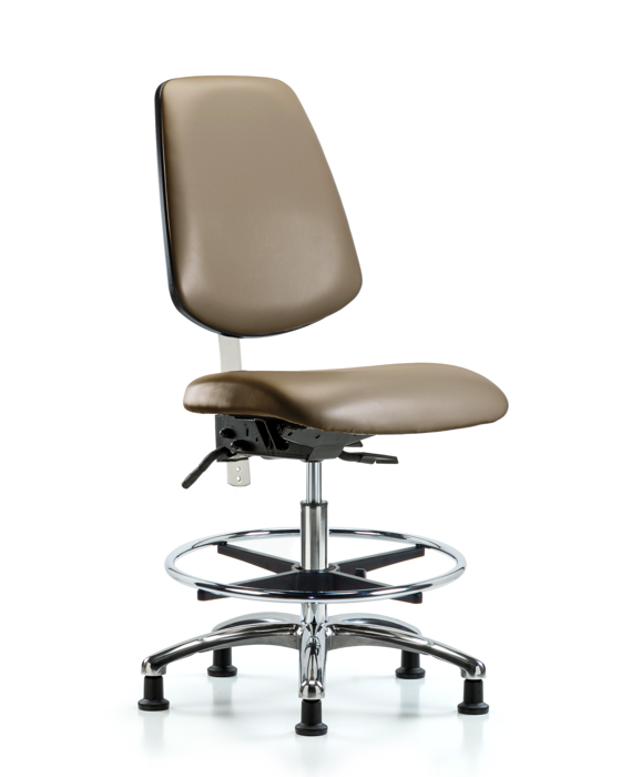 Blue Ridge Ergonomics NCR-VMBCH-MB-CR-T1-A0-CF-RG-8809 Class 100 Vinyl Clean Room Chair - Medium Bench Height with Medium Back, Seat Tilt, Chrome Foot Ring, & Stationary Glides in Taupe Supernova™ Vinyl
