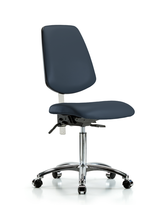 Blue Ridge Ergonomics NCR-VMBCH-MB-CR-T1-A0-NF-CC-8582 Class 100 Vinyl Clean Room Chair - Medium Bench Height with Medium Back, Seat Tilt, & Casters in Imperial Blue Trailblazer™ Vinyl