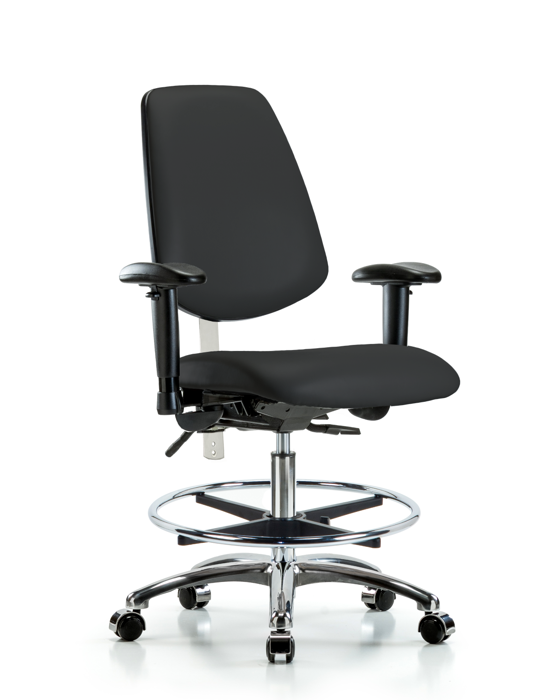 Blue Ridge Ergonomics NCR-VMBCH-MB-CR-T1-A1-CF-CC-8540 Class 100 Vinyl Clean Room Chair - Medium Bench Height with Medium Back, Seat Tilt, Adjustable Arms, Chrome Foot Ring, & Casters in Black Trailblazer™ Vinyl