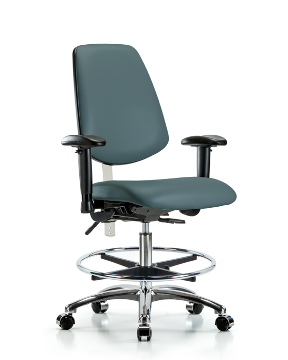 Blue Ridge Ergonomics NCR-VMBCH-MB-CR-T1-A1-CF-CC-8546 CL100 Vinyl Clean Room Chair - Medium Bench Height with Medium Back, Seat Tilt, Adjustable Arms, Chrome Foot Ring, & Casters in Colonial Blue Trailblazer™ Vinyl
