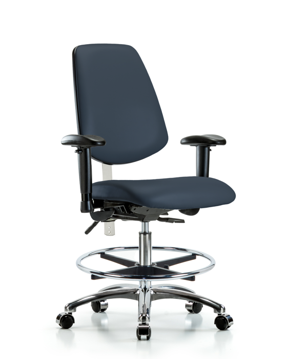 Blue Ridge Ergonomics NCR-VMBCH-MB-CR-T1-A1-CF-CC-8582 CL100 Vinyl Clean Room Chair - Medium Bench Height with Medium Back, Seat Tilt, Adjustable Arms, Chrome Foot Ring, & Casters in Imperial Blue Trailblazer™ Vinyl