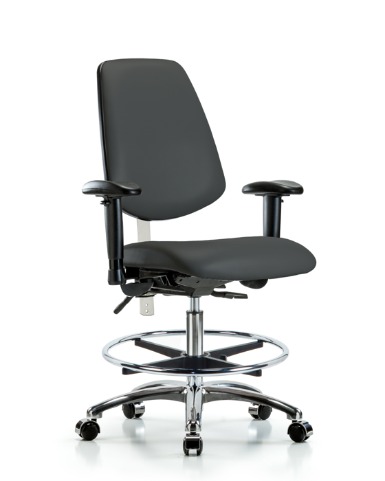 Blue Ridge Ergonomics NCR-VMBCH-MB-CR-T1-A1-CF-CC-8605 Class 100 Vinyl Clean Room Chair - Medium Bench Height with Medium Back, Seat Tilt, Adjustable Arms, Chrome Foot Ring, & Casters in Charcoal Trailblazer™ Vinyl