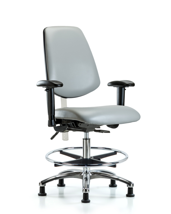 Blue Ridge Ergonomics NCR-VMBCH-MB-CR-T1-A1-CF-RG-8567 CL100 Vinyl Clean Room Chair - Medium Bench Height with Medium Back, Seat Tilt, Adjustable Arms, Chrome Foot Ring, & Stationary Glides in Dove Trailblazer™ Vinyl