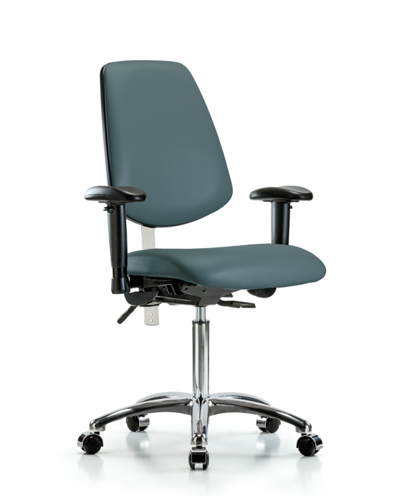 Blue Ridge Ergonomics NCR-VMBCH-MB-CR-T1-A1-NF-CC-8546 Class 100 Vinyl Clean Room Chair - Medium Bench Height with Medium Back, Seat Tilt, Adjustable Arms, & Casters in Colonial Blue Trailblazer™ Vinyl