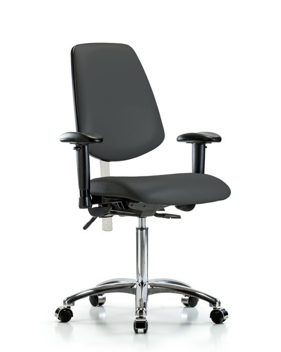Blue Ridge Ergonomics NCR-VMBCH-MB-CR-T1-A1-NF-CC-8605 Class 100 Vinyl Clean Room Chair - Medium Bench Height with Medium Back, Seat Tilt, Adjustable Arms, & Casters in Charcoal Trailblazer™ Vinyl