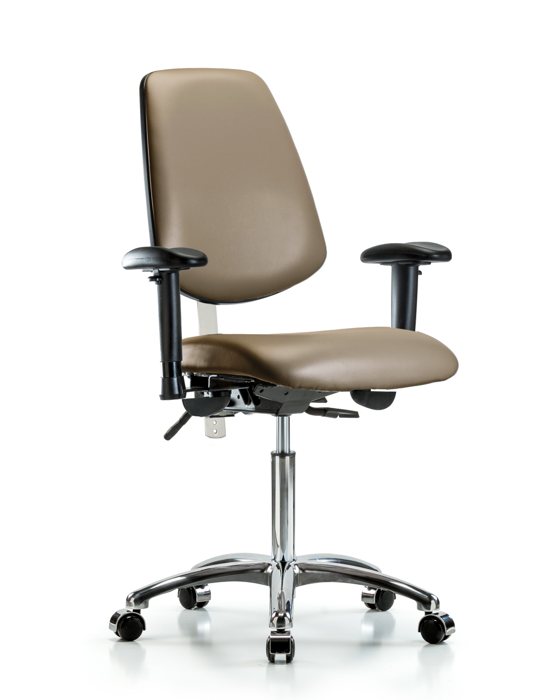 Blue Ridge Ergonomics NCR-VMBCH-MB-CR-T1-A1-NF-CC-8809 Class 100 Vinyl Clean Room Chair - Medium Bench Height with Medium Back, Seat Tilt, Adjustable Arms, & Casters in Taupe Supernova™ Vinyl