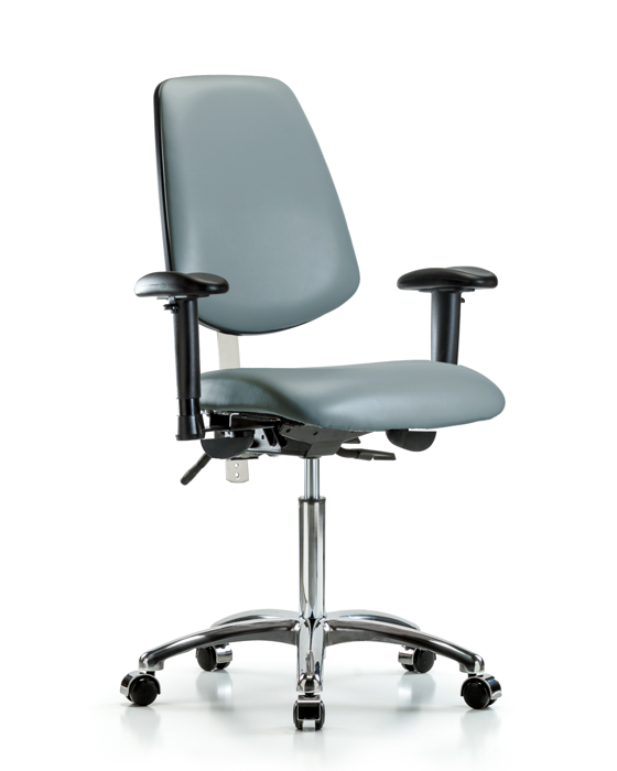 Blue Ridge Ergonomics NCR-VMBCH-MB-CR-T1-A1-NF-CC-8822 Class 100 Vinyl Clean Room Chair - Medium Bench Height with Medium Back, Seat Tilt, Adjustable Arms, & Casters in Storm Supernova™ Vinyl
