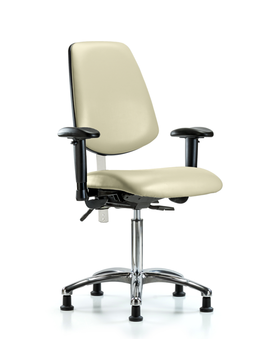 Blue Ridge Ergonomics NCR-VMBCH-MB-CR-T1-A1-NF-RG-8501 Class 100 Vinyl Clean Room Chair - Medium Bench Height with Medium Back, Seat Tilt, Adjustable Arms, & Stationary Glides in Adobe White Trailblazer™ Vinyl
