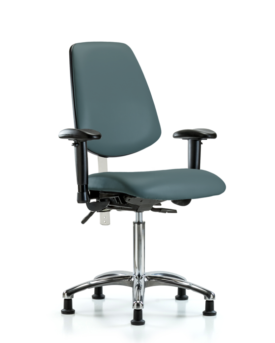 Blue Ridge Ergonomics NCR-VMBCH-MB-CR-T1-A1-NF-RG-8546 Class 100 Vinyl Clean Room Chair - Medium Bench Height with Medium Back, Seat Tilt, Adjustable Arms, & Stationary Glides in Colonial Blue Trailblazer™ Vinyl