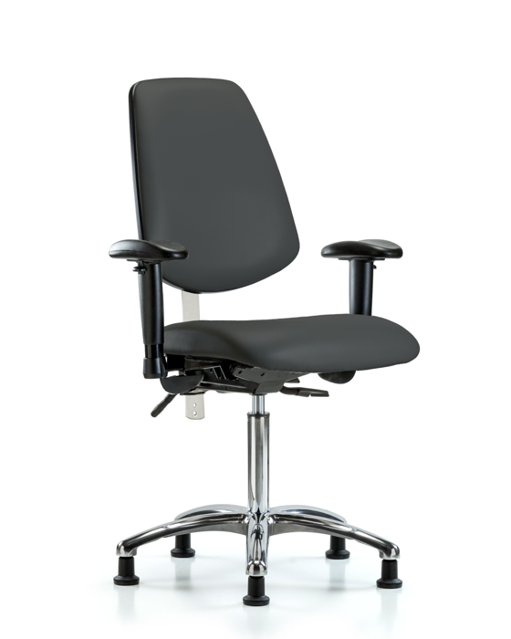 Blue Ridge Ergonomics NCR-VMBCH-MB-CR-T1-A1-NF-RG-8605 Class 100 Vinyl Clean Room Chair - Medium Bench Height with Medium Back, Seat Tilt, Adjustable Arms, & Stationary Glides in Charcoal Trailblazer™ Vinyl