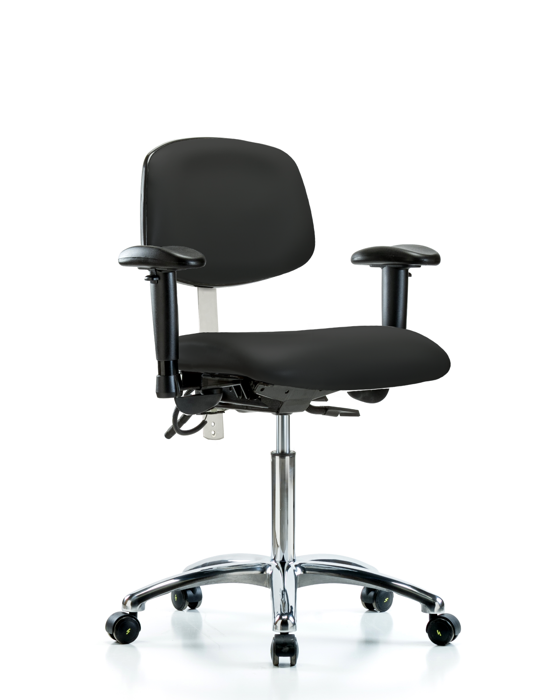 Blue Ridge Ergonomics NECR-MBCH-CR-T0-A1-NF-EC-ESDBLK Class 100 Vinyl Clean Room/ESD Chair - Medium Bench Height with Adjustable Arms & ESD Casters in Black ESD Vinyl