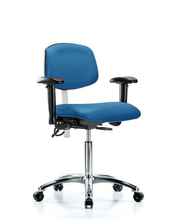 Blue Ridge Ergonomics NECR-MBCH-CR-T1-A1-NF-EC-ESDBLU Class 100 Vinyl Clean Room/ESD Chair - Medium Bench Height with Seat Tilt, Adjustable Arms, & ESD Casters in Blue ESD Vinyl