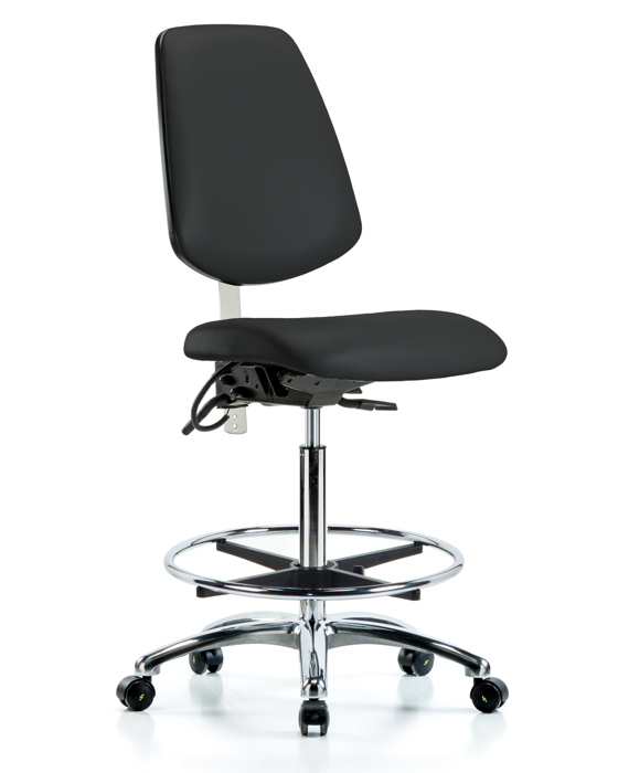 Blue Ridge Ergonomics NECR-VHBCH-MB-CR-T1-A0-CF-EC-ESDBLK Class 100 Vinyl Clean Room/ESD Chair - High Bench Height with Medium Back, Seat Tilt, Chrome Foot Ring, & ESD Casters in Black ESD Vinyl