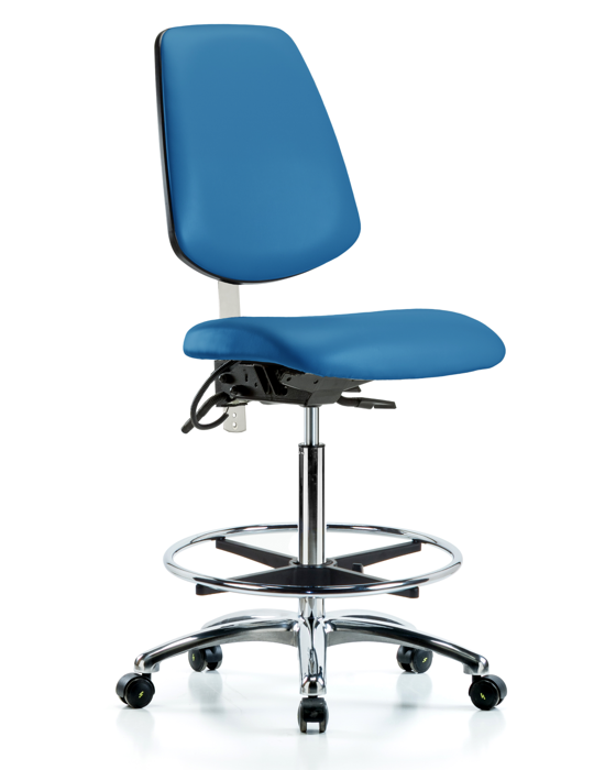 Blue Ridge Ergonomics NECR-VHBCH-MB-CR-T1-A0-CF-EC-ESDBLU Class 100 Vinyl Clean Room/ESD Chair - High Bench Height with Medium Back, Seat Tilt, Chrome Foot Ring, & ESD Casters in Blue ESD Vinyl