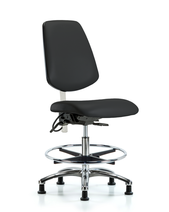 Blue Ridge Ergonomics NECR-VMBCH-MB-CR-T0-A0-CF-EG-ESDBLK Class 100 Vinyl Clean Room/ESD Chair - Medium Bench Height with Medium Back, Chrome Foot Ring, & ESD Stationary Glides in Black ESD Vinyl