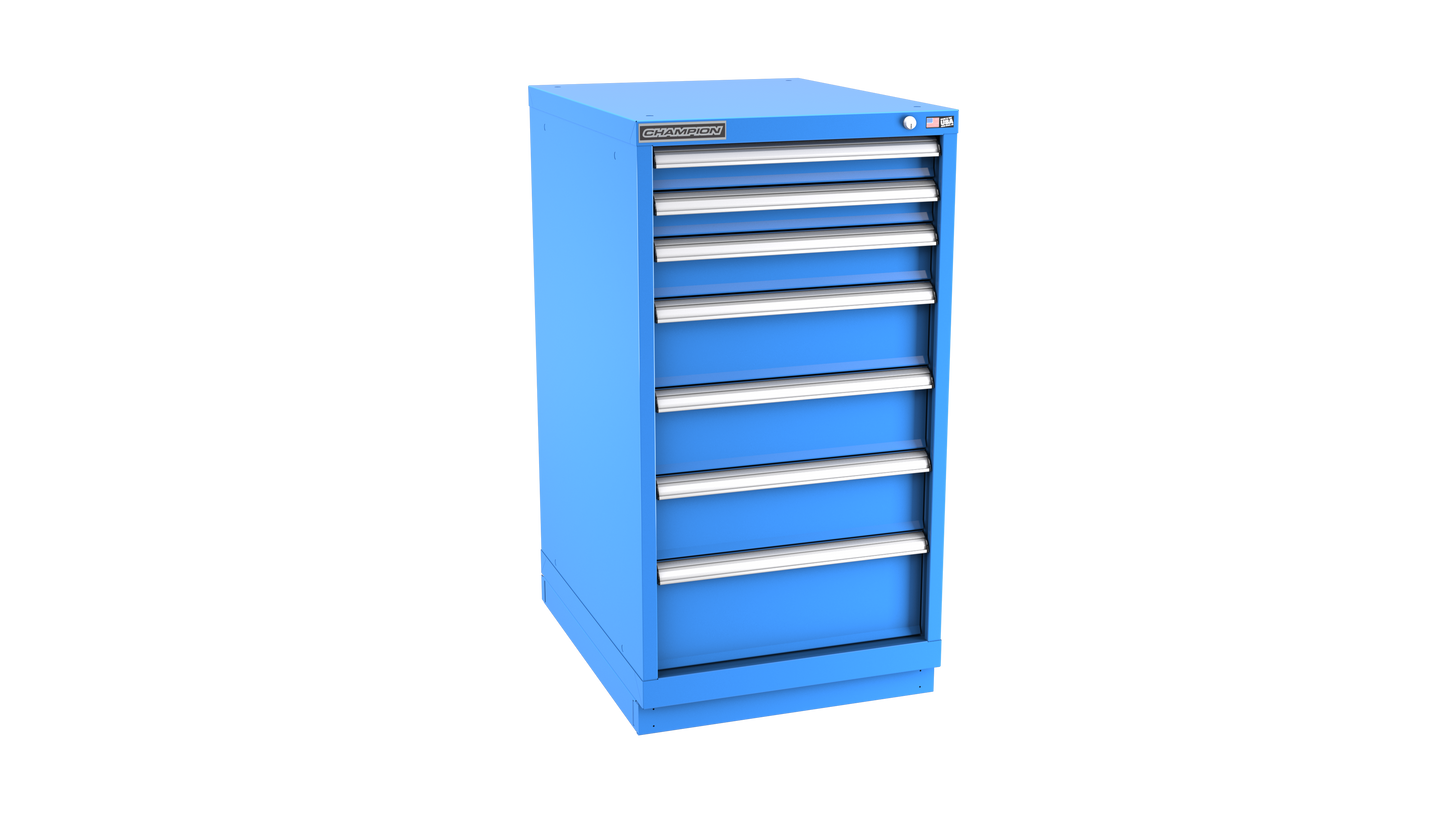 Champion Tool Storage NWS1800-0701-ILC-FTB-BB 7-Drawer Shallow Depth Modular Cabinet NWS0701 | 22-3/16"W x 41-3/4"H x 22-1/2"D, Bright Blue