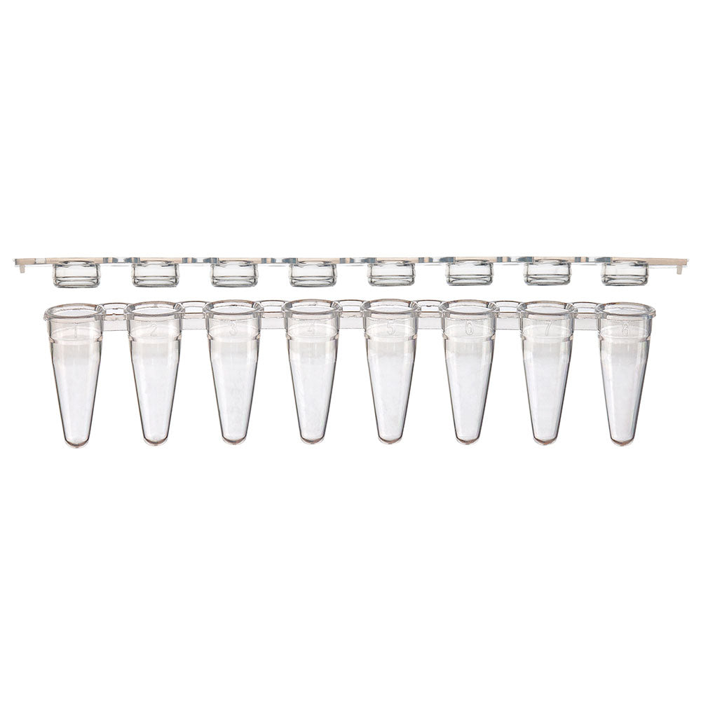 Globe Scientific PCR-STR-01FW 0.1mL 8-Strip Tubes Low Profile with Separate 8-Strip Clear Flat Caps White