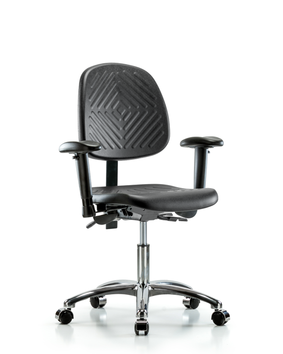 Blue Ridge Ergonomics PDHCH-MB-CR-T0-A1-CC-BLK Polyurethane Chair Chrome - Desk Height with Medium Back, Adjustable Arms, & Casters in Black Polyurethane