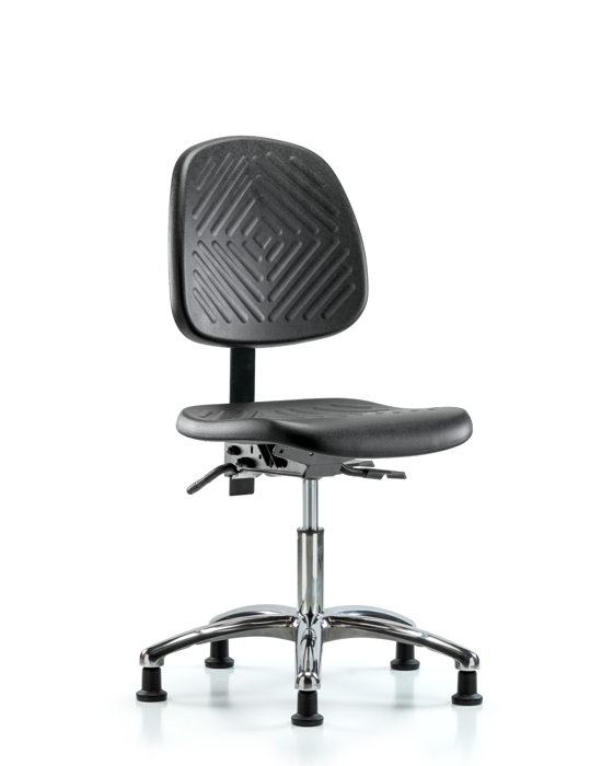 Blue Ridge Ergonomics PDHCH-MB-CR-T1-A0-RG-BLK Polyurethane Chair Chrome - Desk Height with Medium Back, Seat Tilt, & Stationary Glides in Black Polyurethane