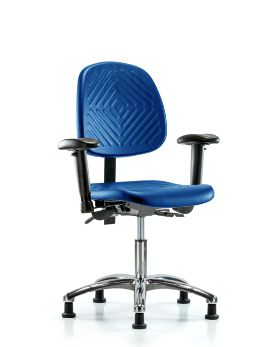 Blue Ridge Ergonomics PDHCH-MB-CR-T1-A1-RG-BLU Polyurethane Chair Chrome - Desk Height with Medium Back, Seat Tilt, Adjustable Arms, & Stationary Glides in Blue Polyurethane