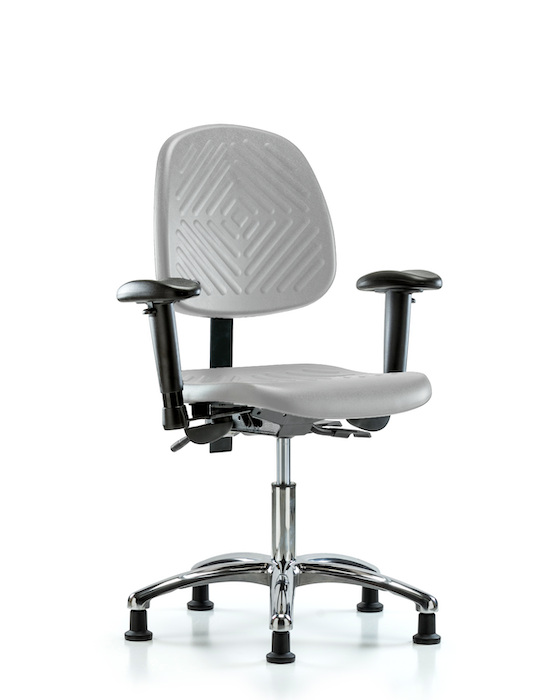 Blue Ridge Ergonomics PDHCH-MB-CR-T1-A1-RG-GRY Polyurethane Chair Chrome - Desk Height with Medium Back, Seat Tilt, Adjustable Arms, & Stationary Glides in Gray Polyurethane