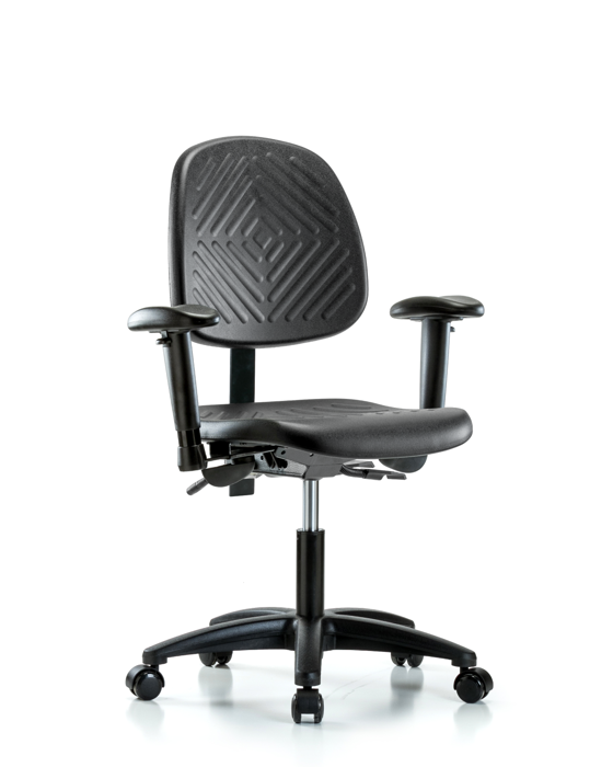 Blue Ridge Ergonomics PDHCH-MB-RG-T0-A1-RC-BLK Polyurethane Chair - Desk Height with Medium Back, Adjustable Arms, & Casters in Black Polyurethane