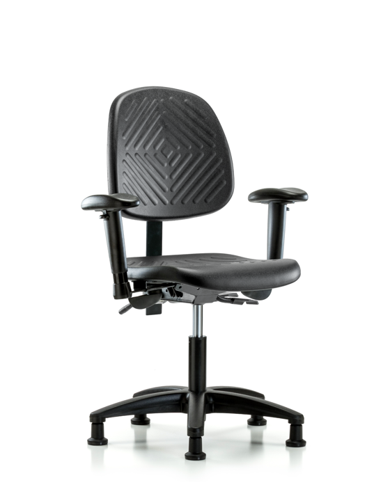 Blue Ridge Ergonomics PDHCH-MB-RG-T0-A1-RG-BLK Polyurethane Chair - Desk Height with Medium Back, Adjustable Arms, & Stationary Glides in Black Polyurethane