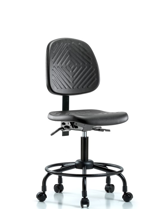 Blue Ridge Ergonomics PDHCH-MB-RT-T0-A0-RC-BLK Polyurethane Chair with Round Tube Base - Desk Height with Medium Back & Casters in Black Polyurethane