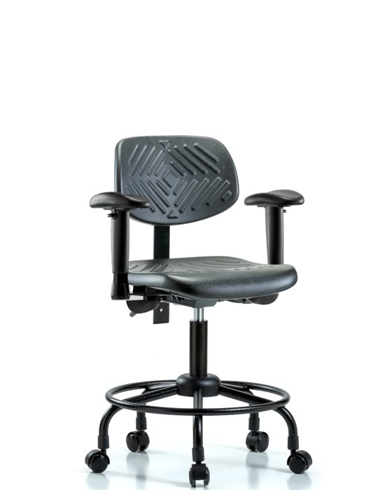 Blue Ridge Ergonomics PDHCH-RT-T0-A1-RC-BLK Polyurethane Chair Round Tube Base - Desk Height with Adjustable Arms & Casters in Black Polyurethane