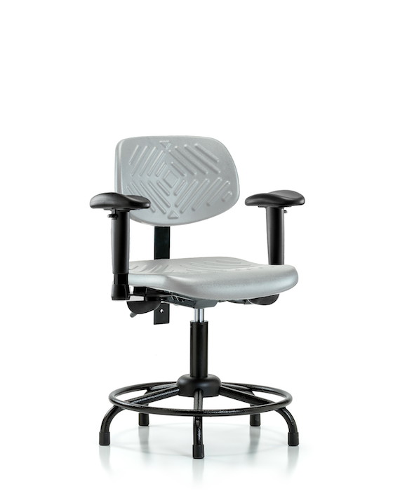Blue Ridge Ergonomics PDHCH-RT-T1-A1-RG-GRY Polyurethane Chair Round Tube Base - Desk Height with Seat Tilt, Adjustable Arms, & Stationary Glides in Gray Polyurethane