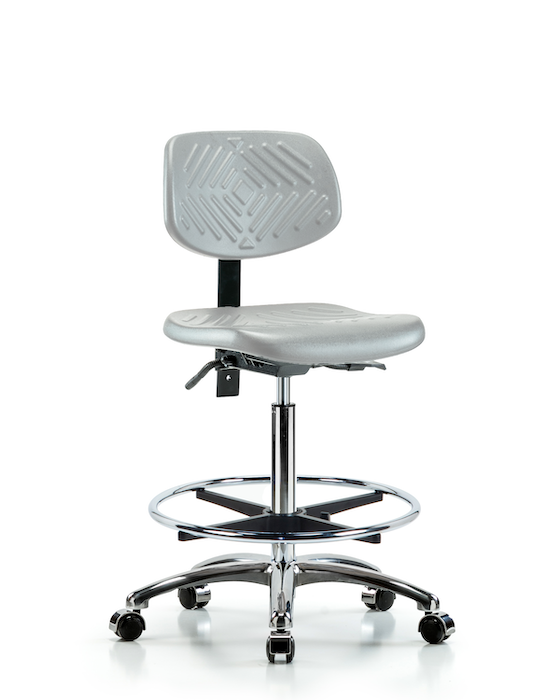 Blue Ridge Ergonomics PHBCH-CR-T0-A0-CF-CC-GRY Polyurethane Chair Chrome - High Bench Height with Chrome Foot Ring & Casters in Gray Polyurethane