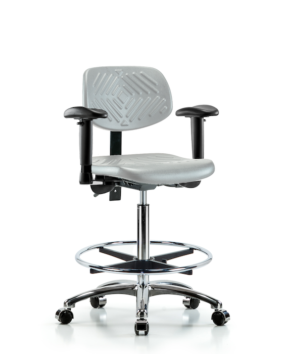 Blue Ridge Ergonomics PHBCH-CR-T0-A1-CF-CC-GRY Polyurethane Chair Chrome - High Bench Height with Adjustable Arms, Chrome Foot Ring, & Casters in Gray Polyurethane