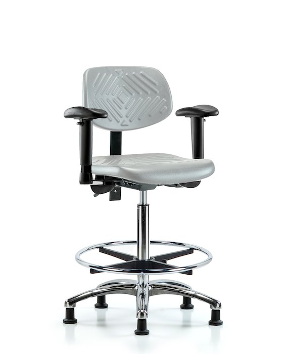 Blue Ridge Ergonomics PHBCH-CR-T0-A1-CF-RG-GRY Polyurethane Chair Chrome - High Bench Height with Adjustable Arms, Chrome Foot Ring, & Stationary Glides in Gray Polyurethane