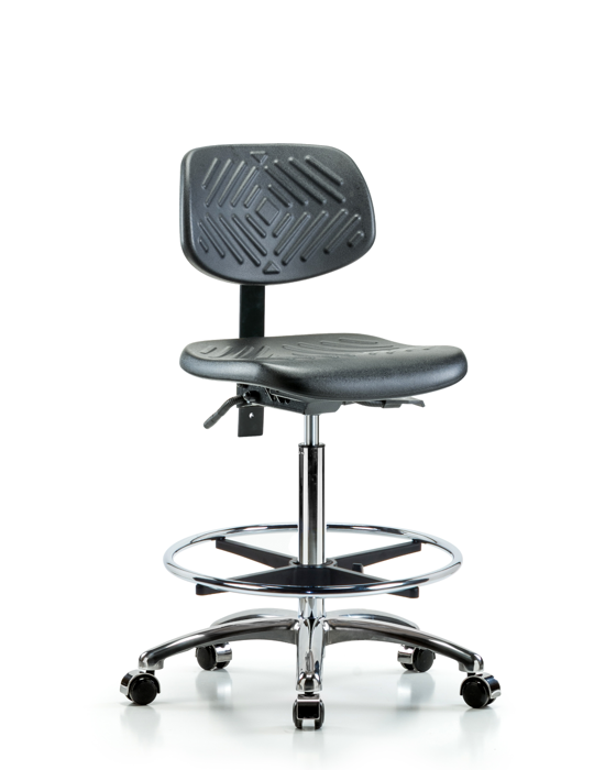 Blue Ridge Ergonomics PHBCH-CR-T1-A0-CF-CC-BLK Polyurethane Chair Chrome - High Bench Height with Seat Tilt, Chrome Foot Ring, & Casters in Black Polyurethane